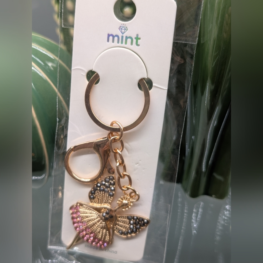 Mint Gold W/ Black And Pink Rhinestones Fairy Or Angel Keychain/Bagcharm